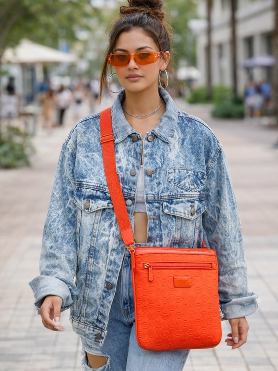 Michael Kors Handbags - Michael Kors Orange Embossed MK Logo Crossbody
